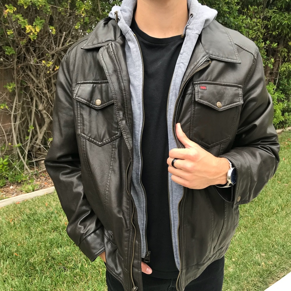 XL Levi's dark brown hooded leather jacket